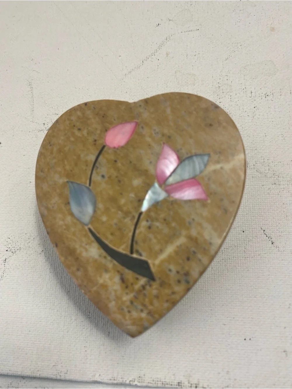 Vintage Heart Shaped Stone Trinket Box with Inlaid Pink and Blue made in India